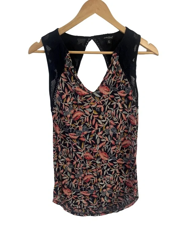 Lucky Brand Lace Sleeveless Tank Top - Navy with Pink & Coral Floral | Size M - Picture 8 of 8